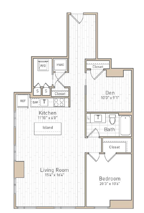 Floor plan for 1 bed, 1 bath, 877 sqft